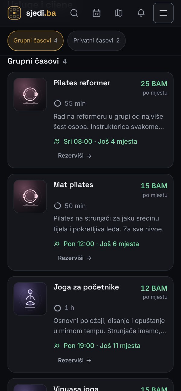 Stranica studija na telefonu: grupni časovi s cijenom po mjestu, prvim terminom i brojem slobodnih mjesta