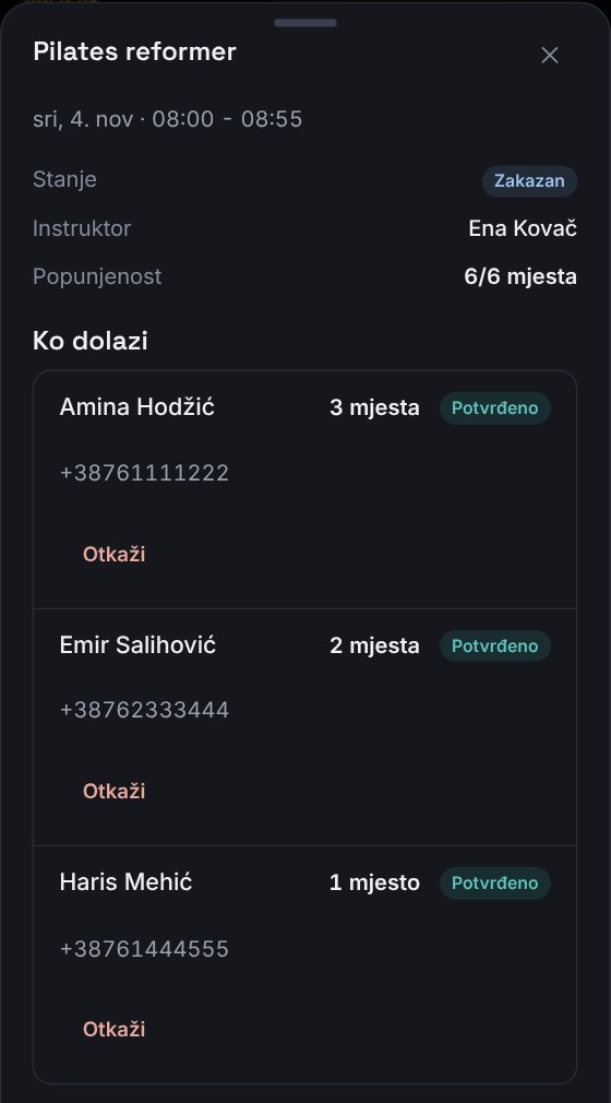 Spisak ko dolazi na čas: tri osobe s brojem mjesta, telefonom i dugmetom Otkaži