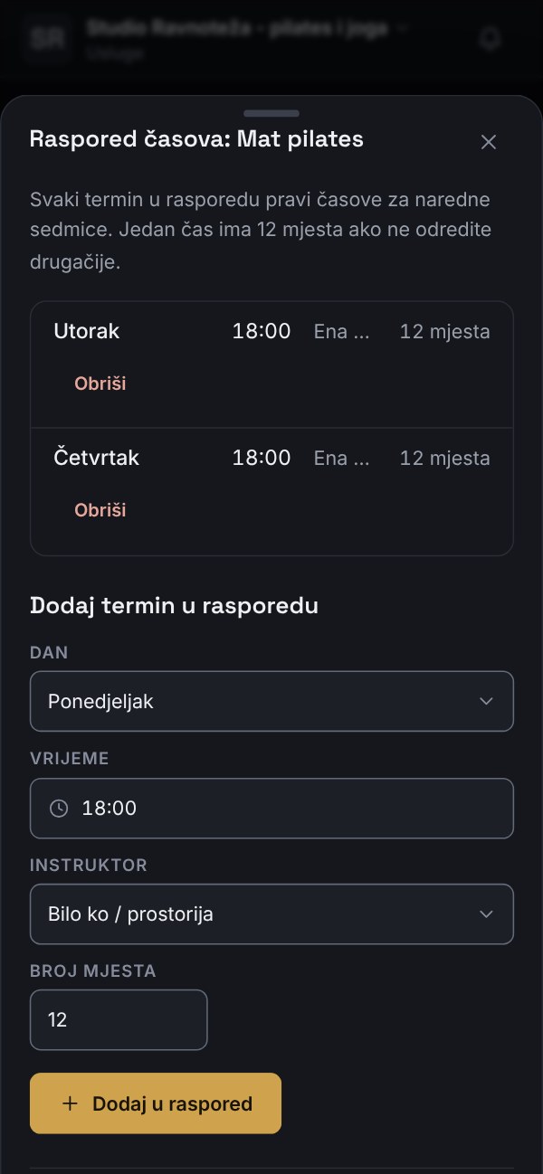 Raspored časova na telefonu: dani i vremena u sedmici s instruktorom i brojem mjesta, uz dodavanje novog termina u rasporedu