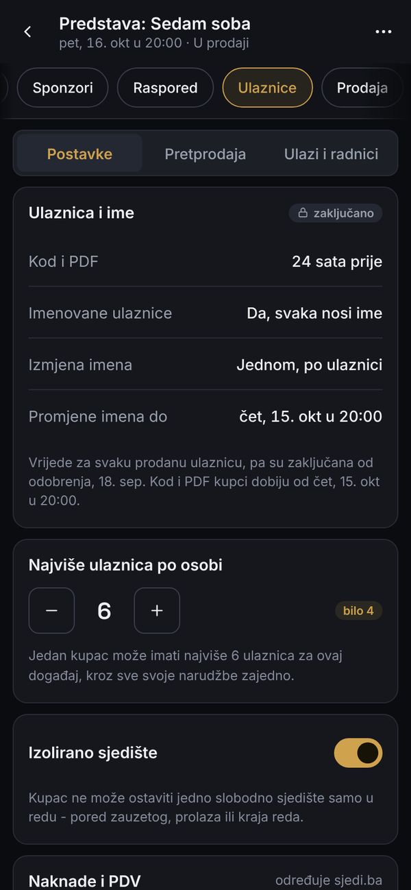 Pravila ulaznica: ulaznice na ime, najviše ulaznica po osobi i izolirano sjedište