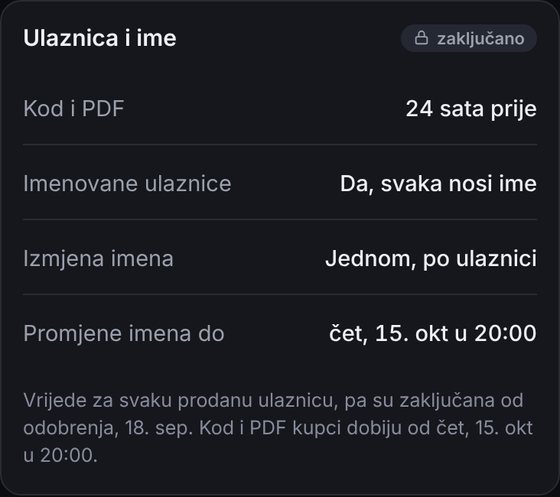 Ulaznice na ime: kod i PDF pred događaj, promjena imena do roka