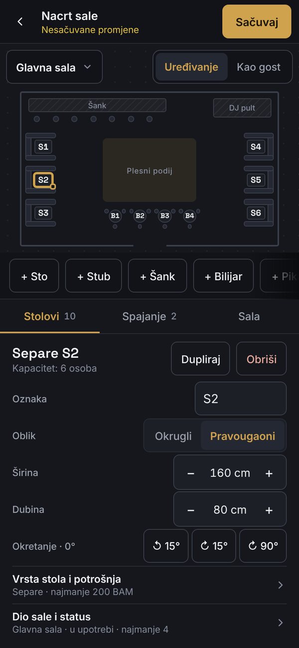 Uređivač tlocrta kluba na telefonu: separe sa svojom veličinom i minimalnom potrošnjom