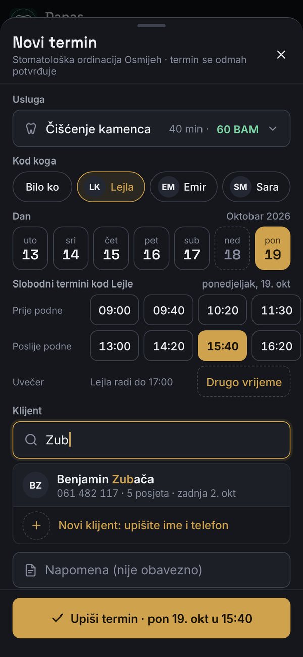 Novi termin za pacijenta koji je nazvao: pregled, doktor, dan i vrijeme