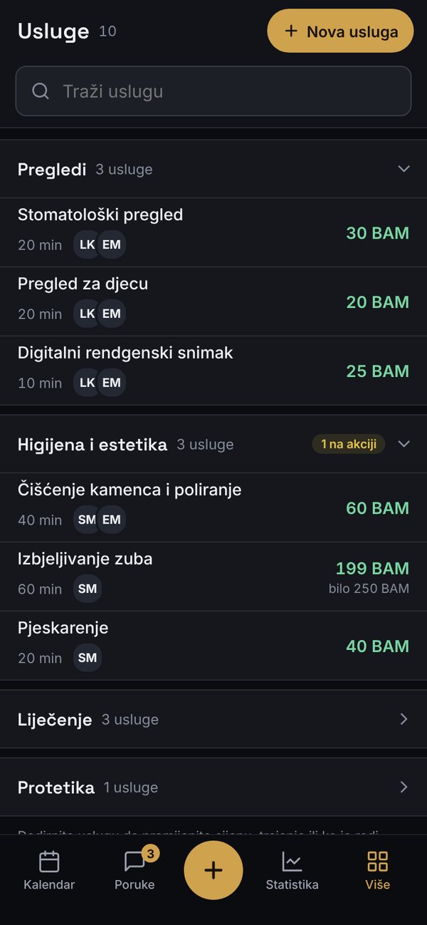 Pregledi u grupama, s trajanjem i cijenom u BAM