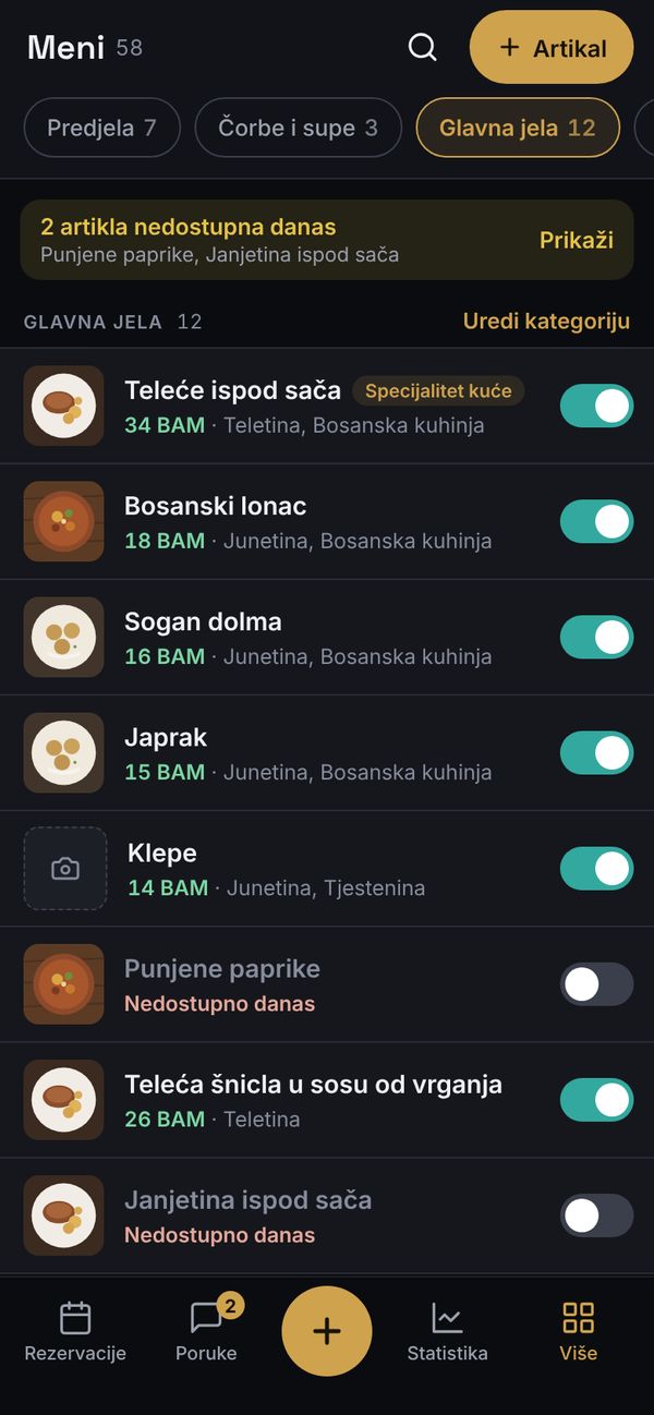 Meni na telefonu: jela s cijenama u BAM i prekidač za jelo koje je nestalo