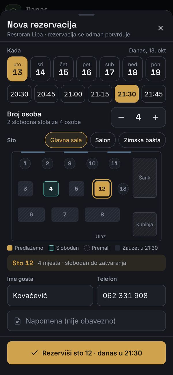 Nova rezervacija na telefonu: dan, vrijeme, broj osoba i sto na tlocrtu