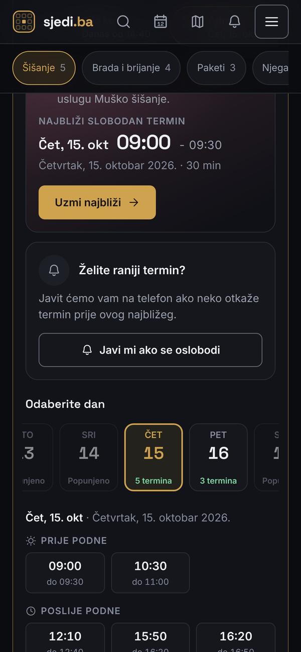 Klijent bira dan i slobodan termin, uz Uzmi najbliži i Javi mi ako se oslobodi