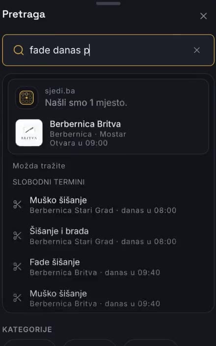 Snimak ekrana: klijent zakazuje termin u aplikaciji sjedi.ba