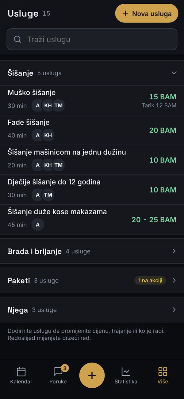 Usluge u grupama: trajanje, cijena u BAM i ko radi koju uslugu