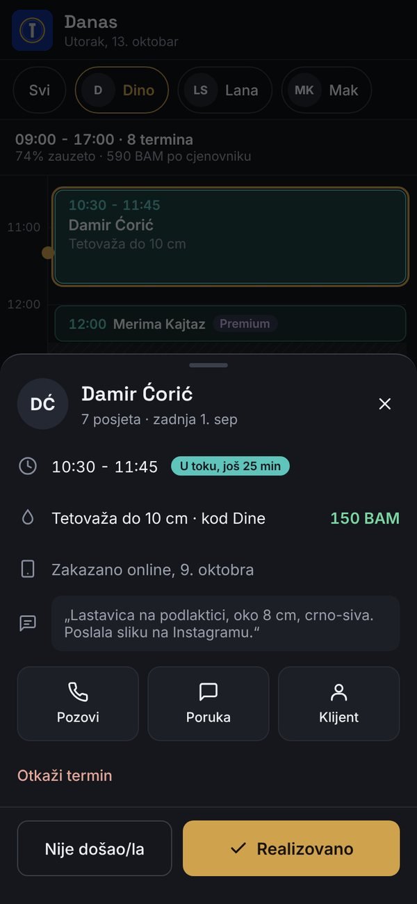 Termin klijenta s napomenom, otvoren iz kalendara majstora